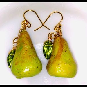 Pear Fruit Earrings, Green-yellow, Hand-sculpted